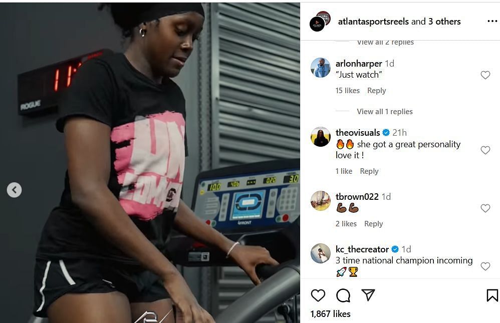 College hoop fans react to Raven Johnson's workout post on IG. Image via @atlantasportsreel